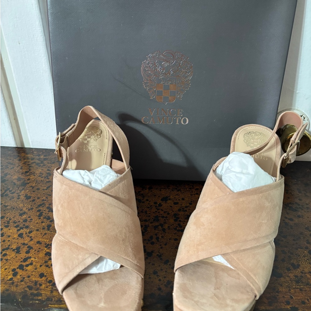 Vince Camuto Blush Pink Suede Crisscross Slingback Mules